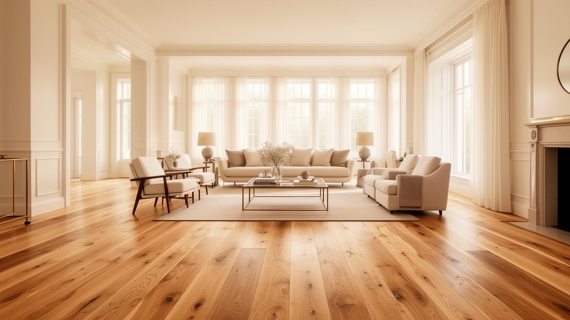 Luxury Hamptons living room with wide plank hardwood flooring